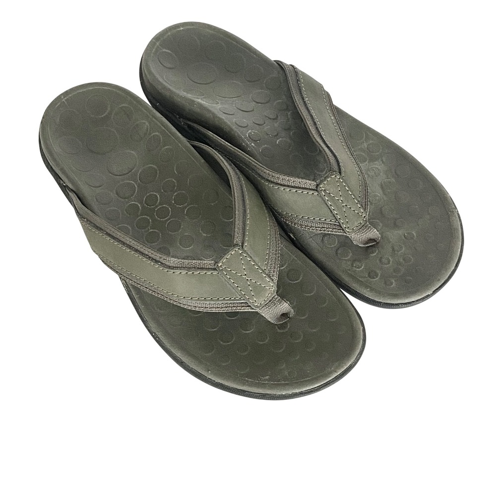 Vionic Tide Men 9 Orthotic Flip Flops Olive Green Leather Thong Sandals 544MTIDE